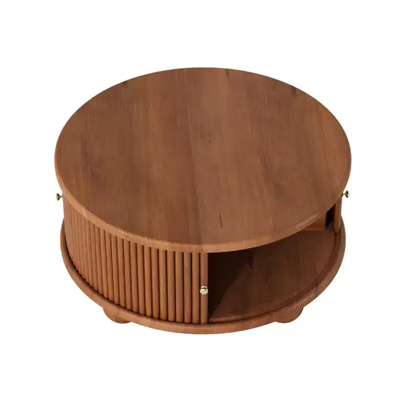 31.8 Modern Coffee Table, Round Fluted Center Table with Storage, Wooden Cocktail End Table for Living Room Bedroom Office