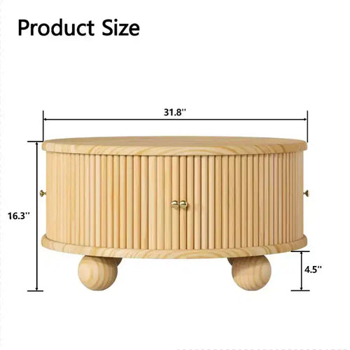 31.8 Modern Coffee Table, Round Fluted Center Table with Storage, Wooden Cocktail End Table for Living Room Bedroom Office