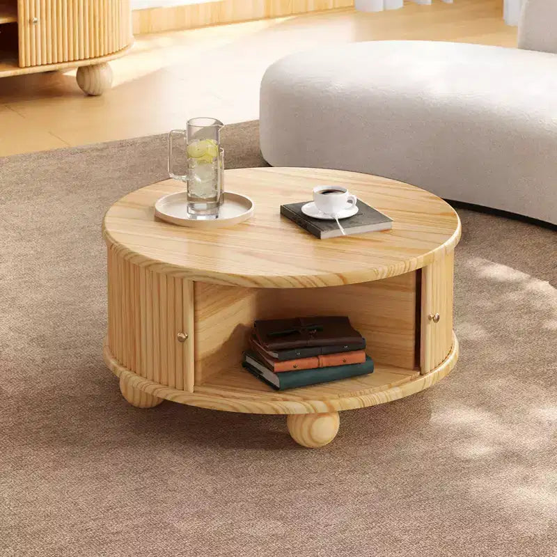 31.8 Modern Coffee Table, Round Fluted Center Table with Storage, Wooden Cocktail End Table for Living Room Bedroom Office
