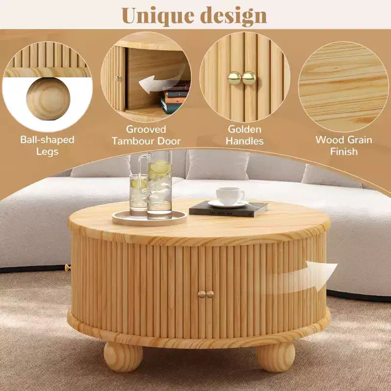 31.8 Modern Coffee Table, Round Fluted Center Table with Storage, Wooden Cocktail End Table for Living Room Bedroom Office