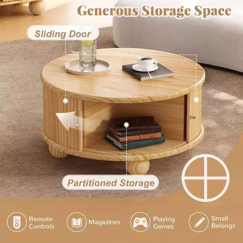 31.8 Modern Coffee Table, Round Fluted Center Table with Storage, Wooden Cocktail End Table for Living Room Bedroom Office