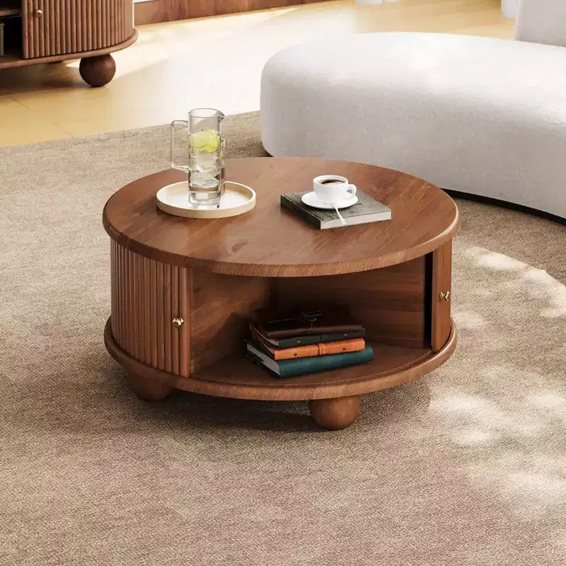 31.8 Modern Coffee Table, Round Fluted Center Table with Storage, Wooden Cocktail End Table for Living Room Bedroom Office