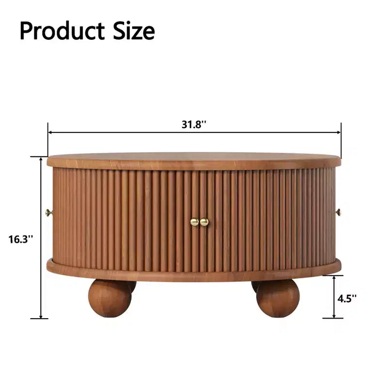 31.8 Modern Coffee Table, Round Fluted Center Table with Storage, Wooden Cocktail End Table for Living Room Bedroom Office