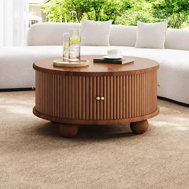 31.8 Modern Coffee Table, Round Fluted Center Table with Storage, Wooden Cocktail End Table for Living Room Bedroom Office
