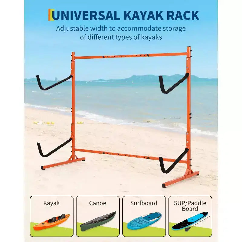 Freestanding 2 Kayak Rack, Adjustable Width (48.4 - 71.8), Heavy-Duty Steel Storage for Canoe, SUP & Surfboard, 175 lbs Capacity