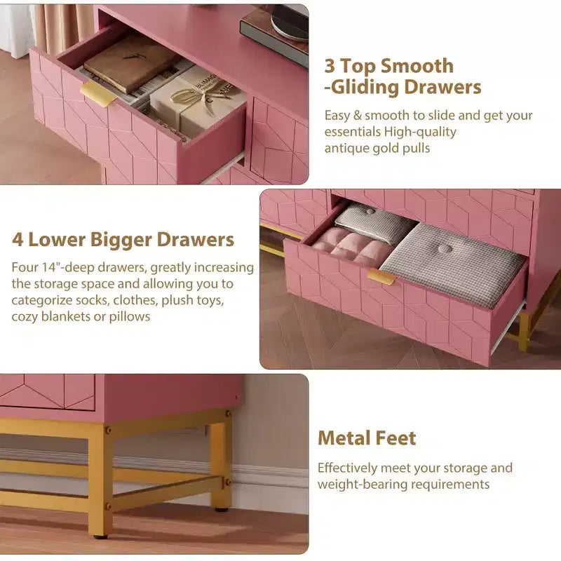 Dresser, 7 Drawer 53.5 Large Chest of Drawers with Metal Legs, Modern White Storage