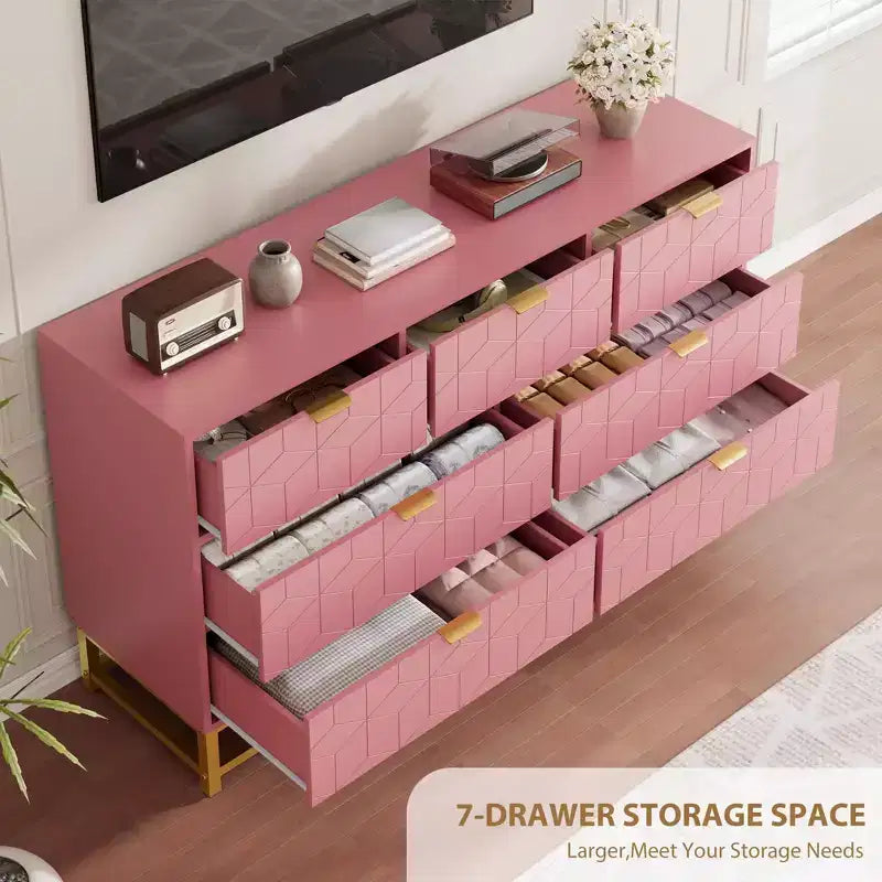 Dresser, 7 Drawer 53.5 Large Chest of Drawers with Metal Legs, Modern White Storage