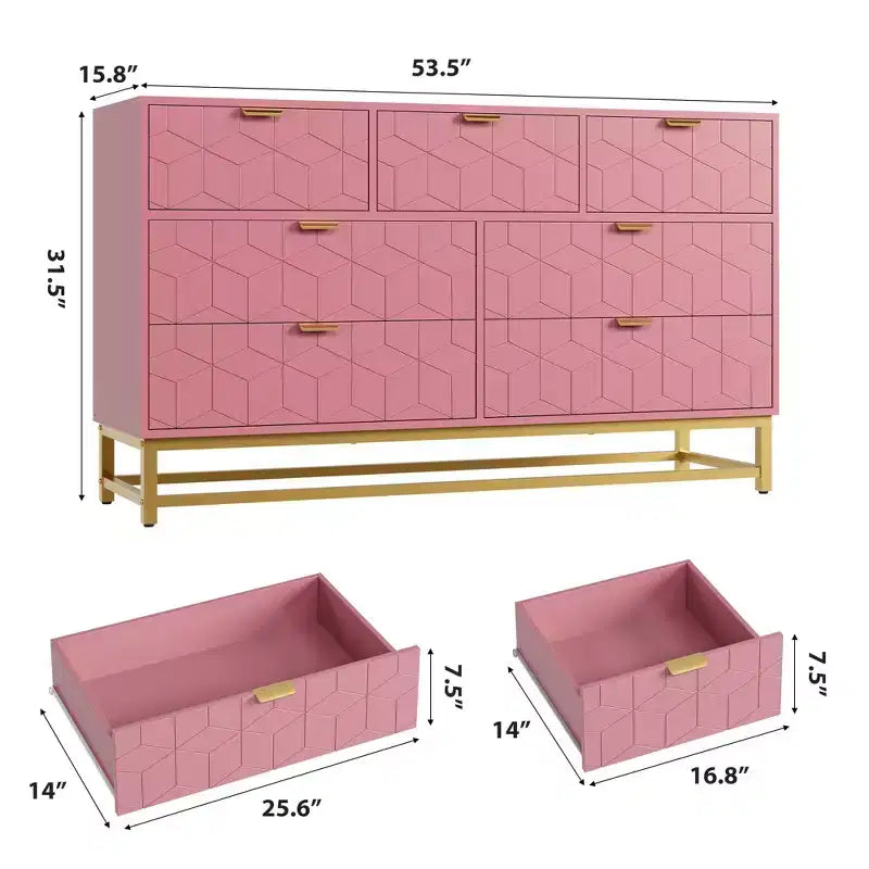 Dresser, 7 Drawer 53.5 Large Chest of Drawers with Metal Legs, Modern White Storage