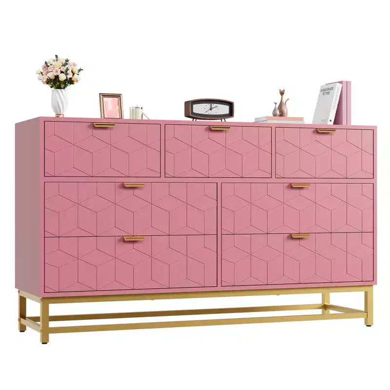 Dresser, 7 Drawer 53.5 Large Chest of Drawers with Metal Legs, Modern White Storage