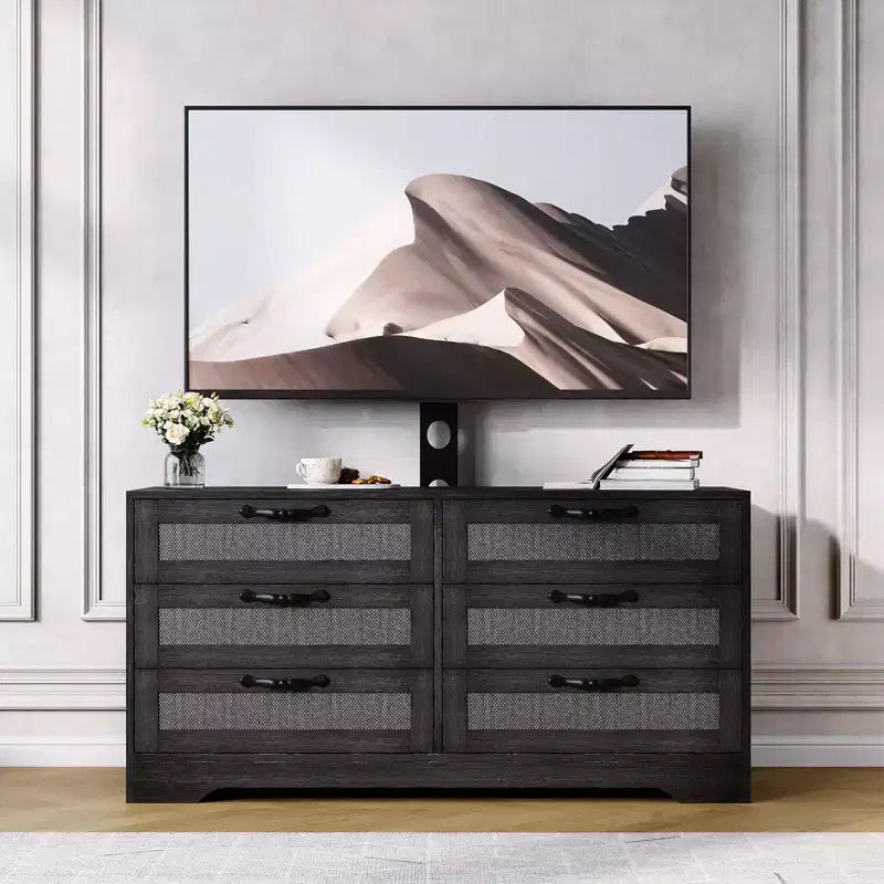 TV Stand with Mount, 47.2 Modern Entertainment Center 6-Drawer Rattan Dresser for 32-85 Inch TVs, Media Console Table with Storage for Living Room