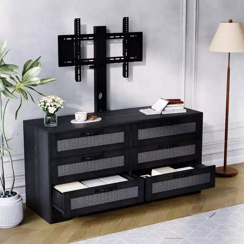 TV Stand with Mount, 47.2 Modern Entertainment Center 6-Drawer Rattan Dresser for 32-85 Inch TVs, Media Console Table with Storage for Living Room