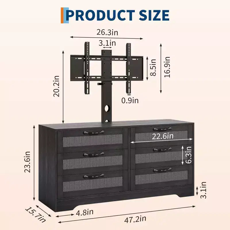 TV Stand with Mount, 47.2 Modern Entertainment Center 6-Drawer Rattan Dresser for 32-85 Inch TVs, Media Console Table with Storage for Living Room