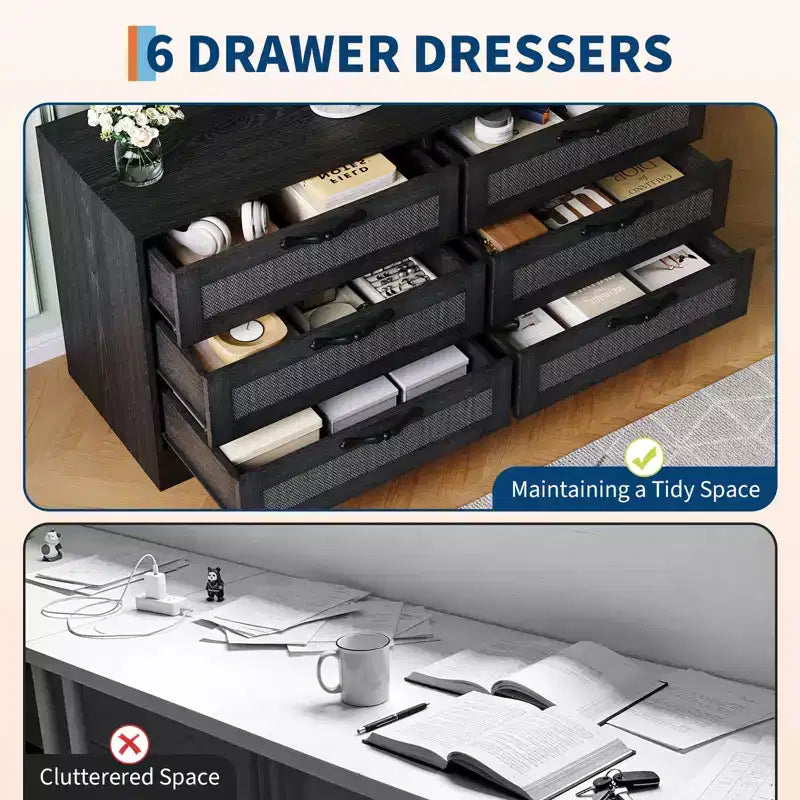 TV Stand with Mount, 47.2 Modern Entertainment Center 6-Drawer Rattan Dresser for 32-85 Inch TVs, Media Console Table with Storage for Living Room