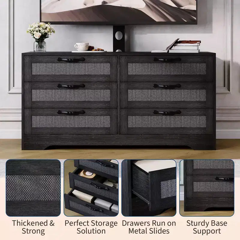 TV Stand with Mount, 47.2 Modern Entertainment Center 6-Drawer Rattan Dresser for 32-85 Inch TVs, Media Console Table with Storage for Living Room