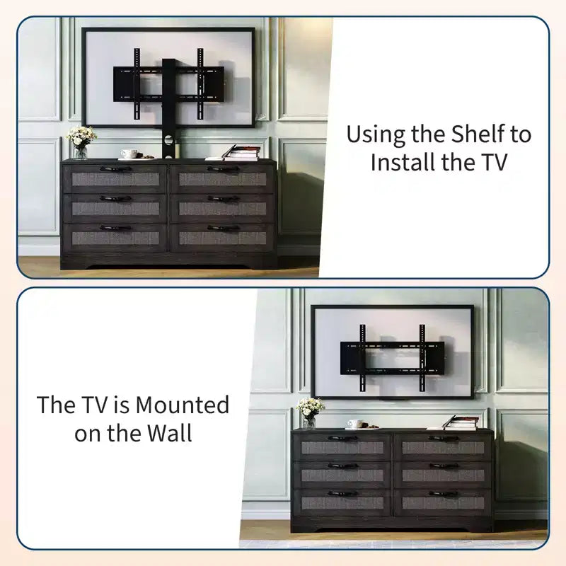 TV Stand with Mount, 47.2 Modern Entertainment Center 6-Drawer Rattan Dresser for 32-85 Inch TVs, Media Console Table with Storage for Living Room