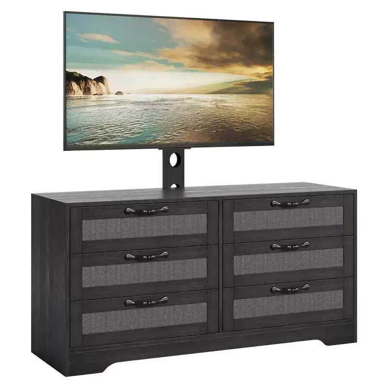 TV Stand with Mount, 47.2 Modern Entertainment Center 6-Drawer Rattan Dresser for 32-85 Inch TVs, Media Console Table with Storage for Living Room