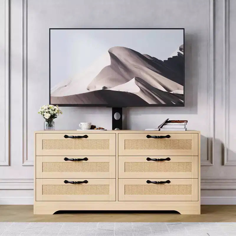 TV Stand with Mount, 47.2 Modern Entertainment Center 6-Drawer Rattan Dresser for 32-85 Inch TVs, Media Console Table with Storage for Living Room