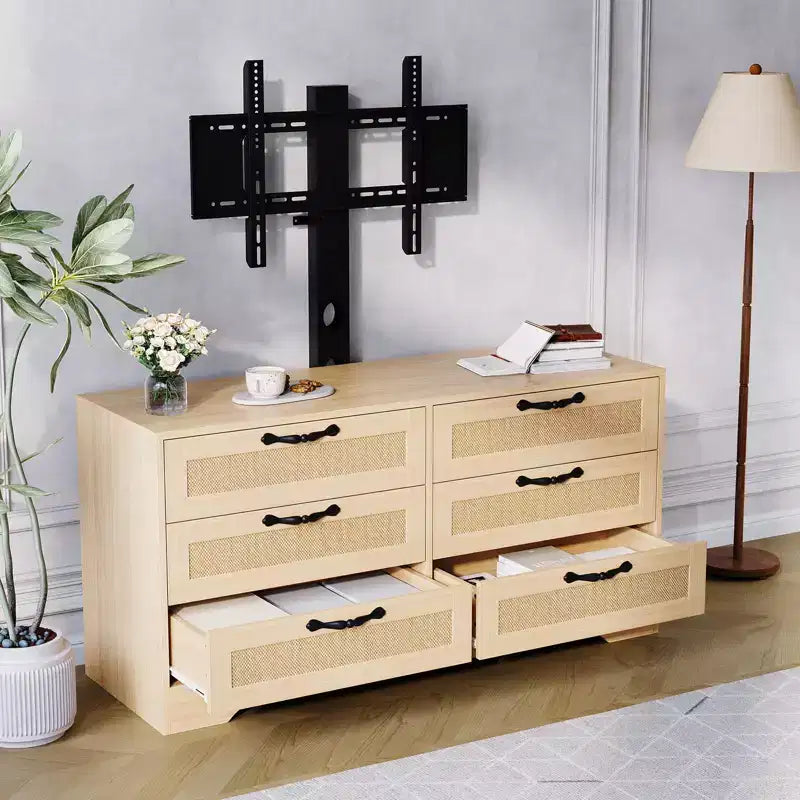 TV Stand with Mount, 47.2 Modern Entertainment Center 6-Drawer Rattan Dresser for 32-85 Inch TVs, Media Console Table with Storage for Living Room