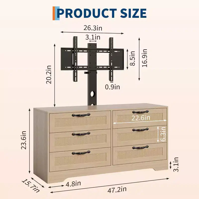TV Stand with Mount, 47.2 Modern Entertainment Center 6-Drawer Rattan Dresser for 32-85 Inch TVs, Media Console Table with Storage for Living Room