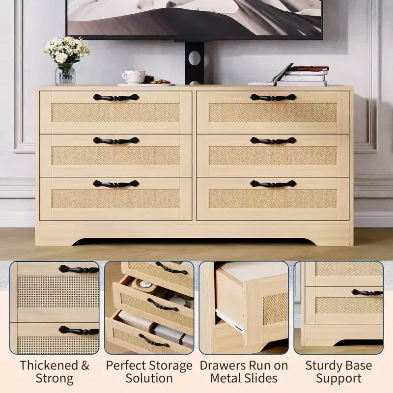 TV Stand with Mount, 47.2 Modern Entertainment Center 6-Drawer Rattan Dresser for 32-85 Inch TVs, Media Console Table with Storage for Living Room