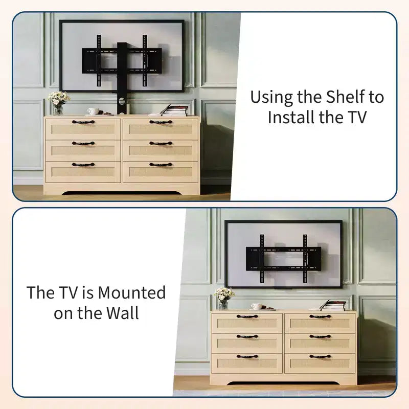 TV Stand with Mount, 47.2 Modern Entertainment Center 6-Drawer Rattan Dresser for 32-85 Inch TVs, Media Console Table with Storage for Living Room