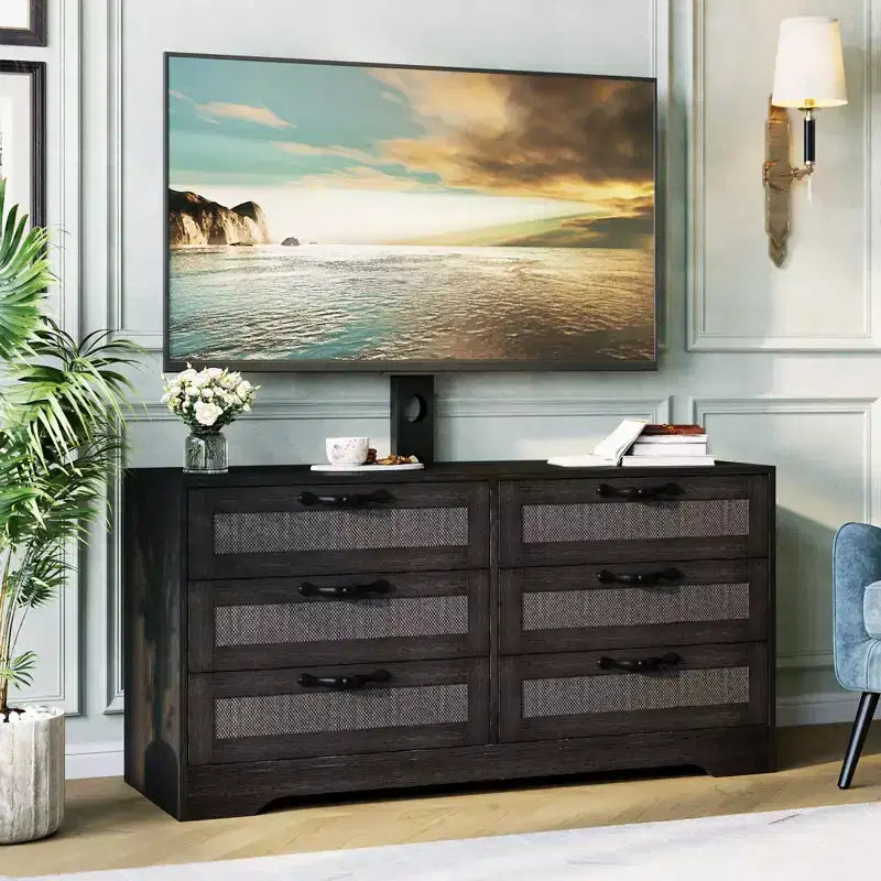 TV Stand with Mount, 47.2 Modern Entertainment Center 6-Drawer Rattan Dresser for 32-85 Inch TVs, Media Console Table with Storage for Living Room