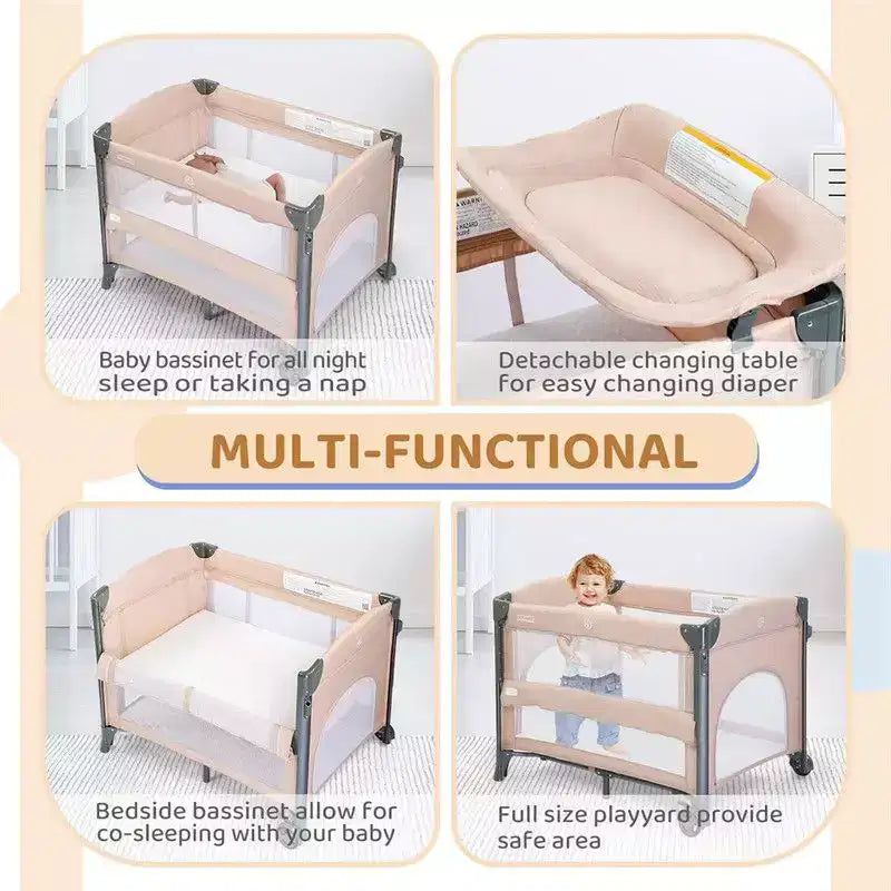3 In 1 Baby Bassinets Crib Bedside Sleeper in Beige With Removable Hanging Bag & Changing Table Function
