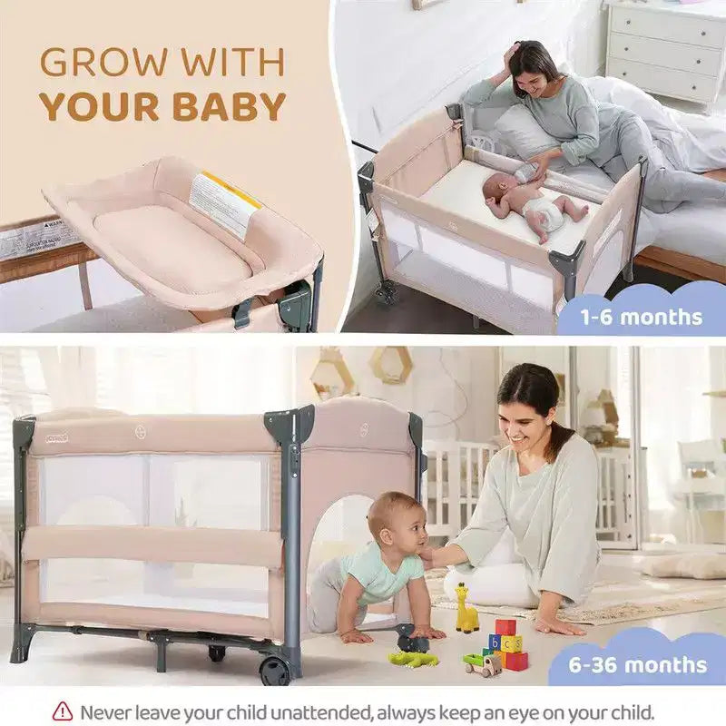 3 In 1 Baby Bassinets Crib Bedside Sleeper in Beige With Removable Hanging Bag & Changing Table Function