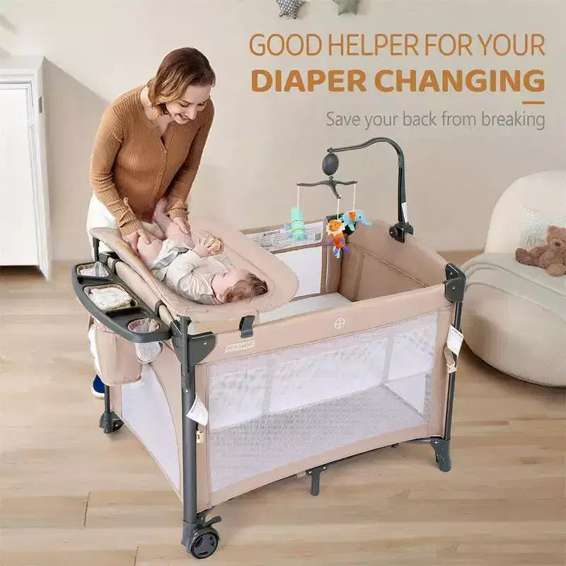 3 In 1 Baby Bassinets Crib Bedside Sleeper in Beige With Removable Hanging Bag & Changing Table Function