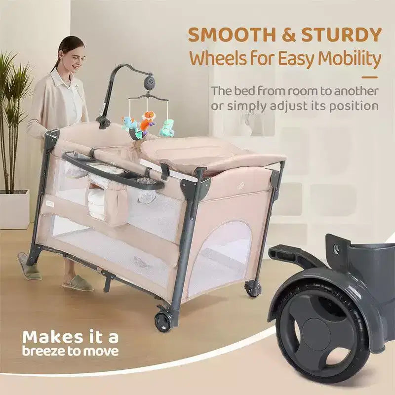 3 In 1 Baby Bassinets Crib Bedside Sleeper in Beige With Removable Hanging Bag & Changing Table Function
