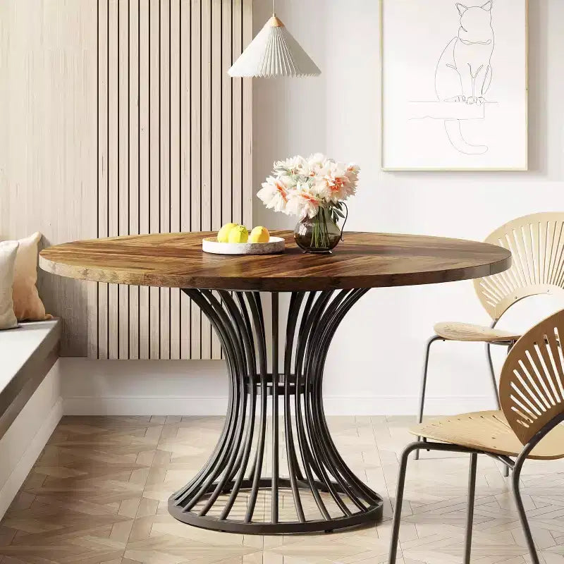 47-Inch Farmhouse Round Dining Table for 4-6 People with Industrial Metal Base, Black and Brown, Suits Kitchen & Living Room