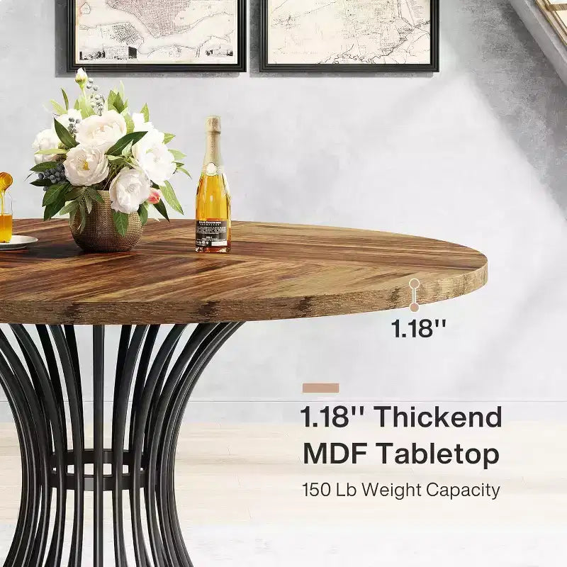 47-Inch Farmhouse Round Dining Table for 4-6 People with Industrial Metal Base, Black and Brown, Suits Kitchen & Living Room