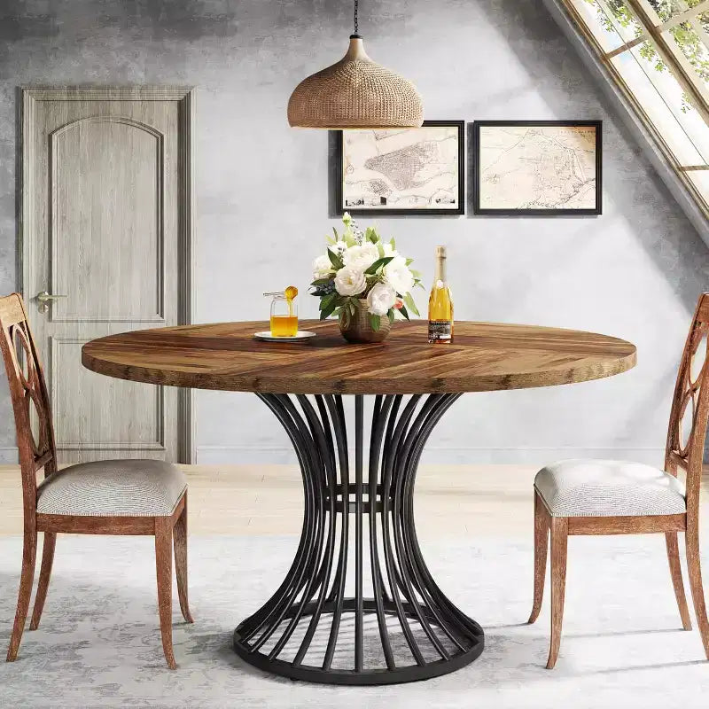 47-Inch Farmhouse Round Dining Table for 4-6 People with Industrial Metal Base, Black and Brown, Suits Kitchen & Living Room
