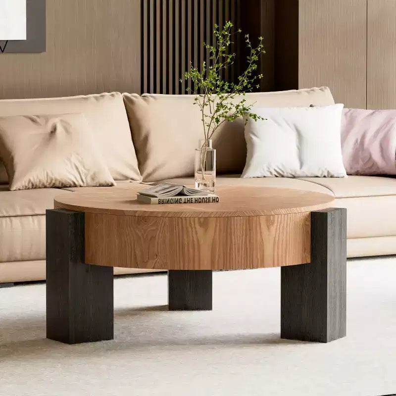33" Modern Round Coffee Table with Flip-Top Hidden Storage, Woodgrain Finish Center Accent Table for Living Room or Small Spaces