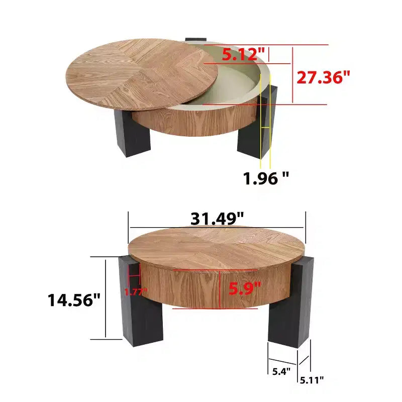 33" Modern Round Coffee Table with Flip-Top Hidden Storage, Woodgrain Finish Center Accent Table for Living Room or Small Spaces