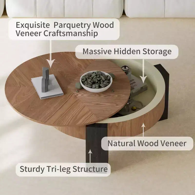 33" Modern Round Coffee Table with Flip-Top Hidden Storage, Woodgrain Finish Center Accent Table for Living Room or Small Spaces
