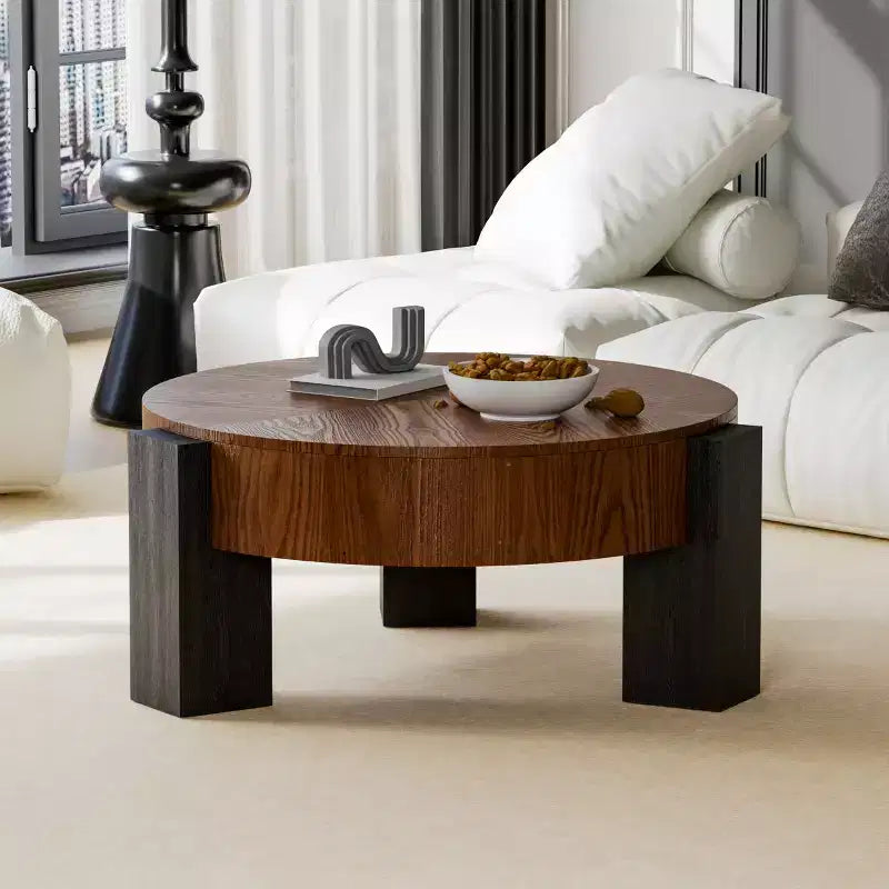 33" Modern Round Coffee Table with Flip-Top Hidden Storage, Woodgrain Finish Center Accent Table for Living Room or Small Spaces