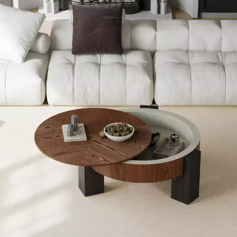 33" Modern Round Coffee Table with Flip-Top Hidden Storage, Woodgrain Finish Center Accent Table for Living Room or Small Spaces