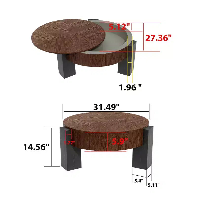 33" Modern Round Coffee Table with Flip-Top Hidden Storage, Woodgrain Finish Center Accent Table for Living Room or Small Spaces
