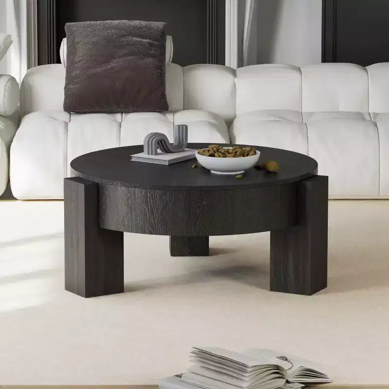 33" Modern Round Coffee Table with Flip-Top Hidden Storage, Woodgrain Finish Center Accent Table for Living Room or Small Spaces