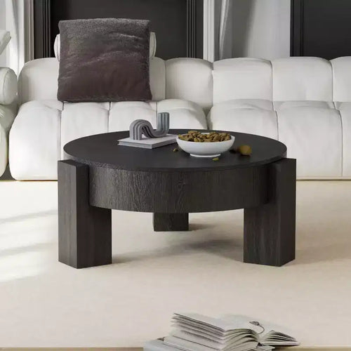 33" Modern Round Coffee Table with Flip-Top Hidden Storage, Woodgrain Finish Center Accent Table for Living Room or Small Spaces