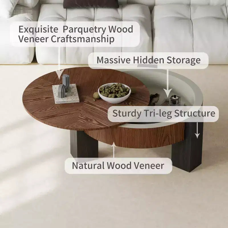 33" Modern Round Coffee Table with Flip-Top Hidden Storage, Woodgrain Finish Center Accent Table for Living Room or Small Spaces