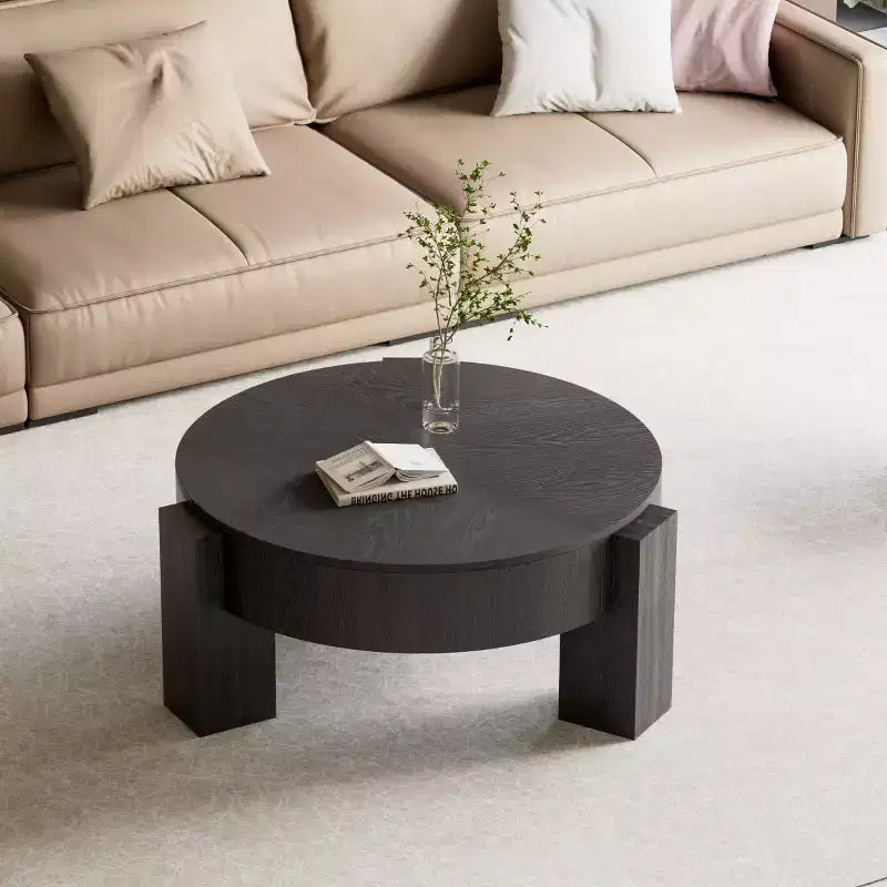 33" Modern Round Coffee Table with Flip-Top Hidden Storage, Woodgrain Finish Center Accent Table for Living Room or Small Spaces
