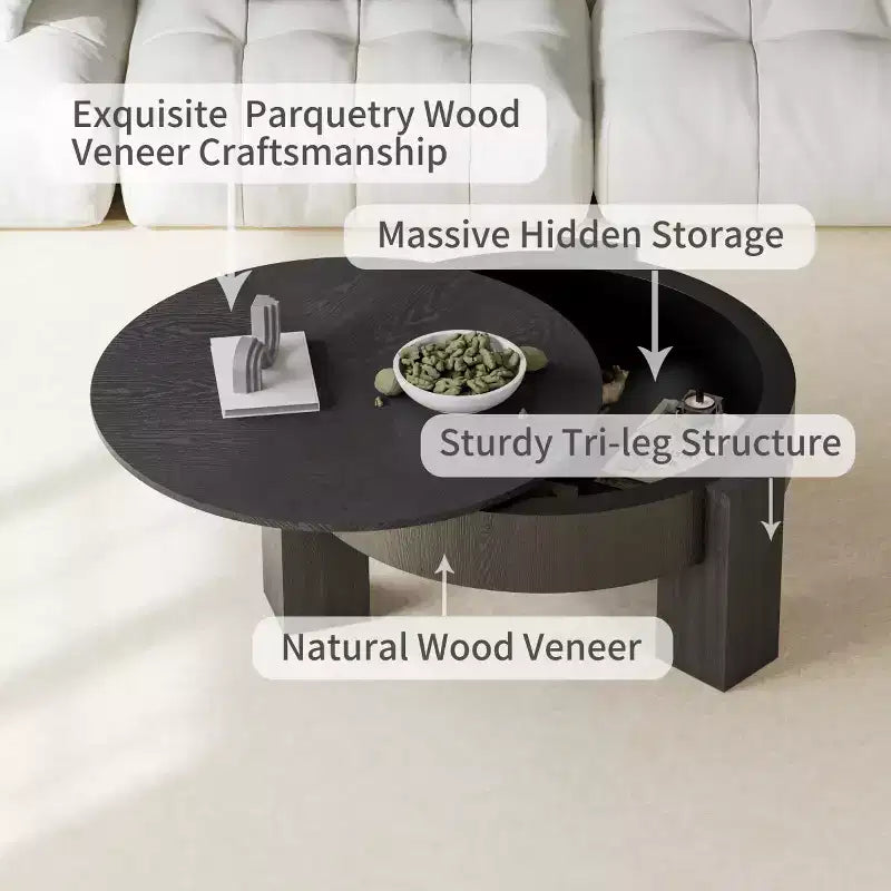 33" Modern Round Coffee Table with Flip-Top Hidden Storage, Woodgrain Finish Center Accent Table for Living Room or Small Spaces