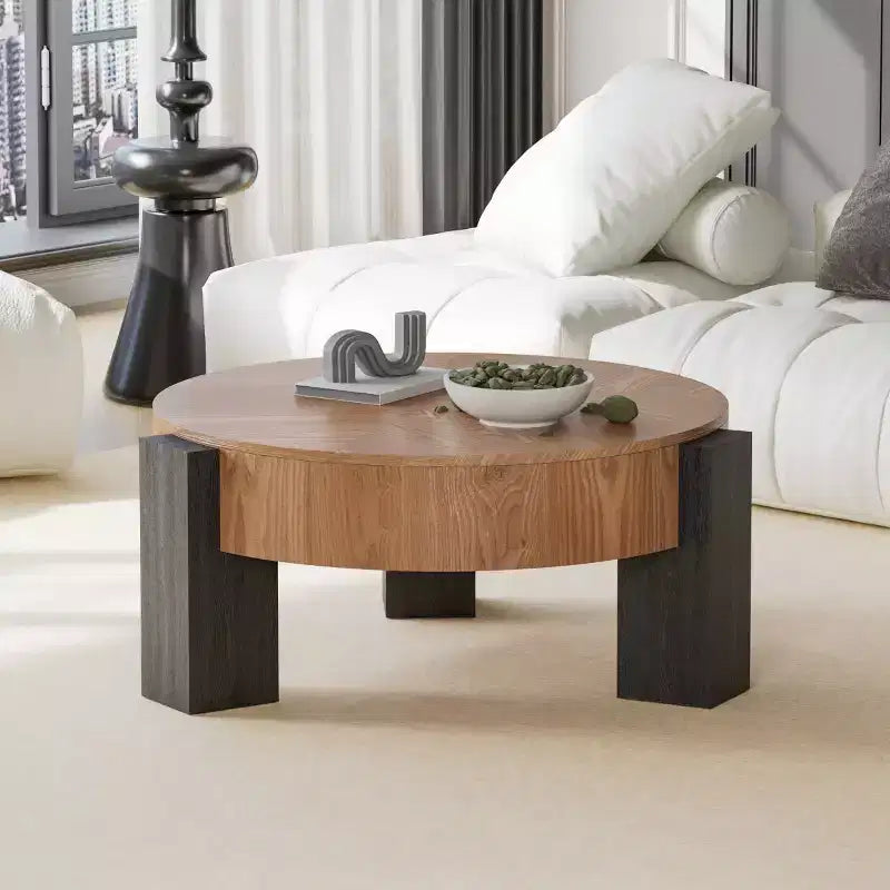33" Modern Round Coffee Table with Flip-Top Hidden Storage, Woodgrain Finish Center Accent Table for Living Room or Small Spaces