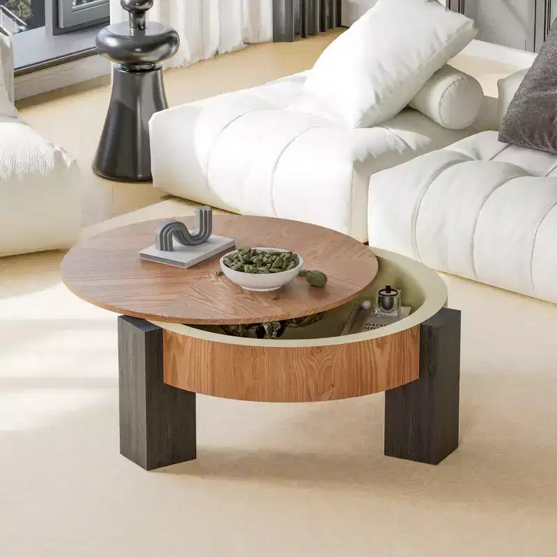 33" Modern Round Coffee Table with Flip-Top Hidden Storage, Woodgrain Finish Center Accent Table for Living Room or Small Spaces