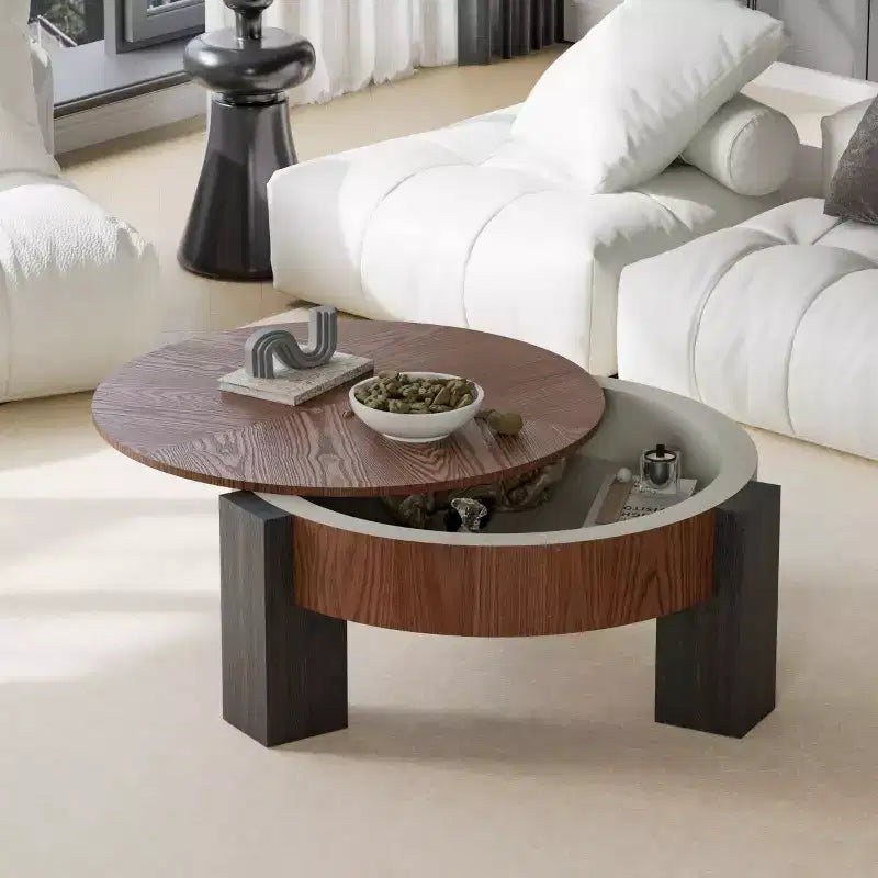 33" Modern Round Coffee Table with Flip-Top Hidden Storage, Woodgrain Finish Center Accent Table for Living Room or Small Spaces