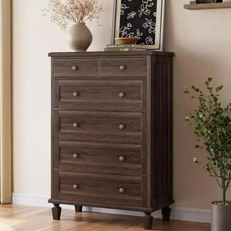 Vintage 6 Drawer Dresser with Tapered Legs, Wooden Tall Chest of Drawers - Ideal for Bedroom Living Room Entryway Office