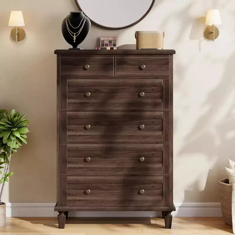 Vintage 6 Drawer Dresser with Tapered Legs, Wooden Tall Chest of Drawers - Ideal for Bedroom Living Room Entryway Office
