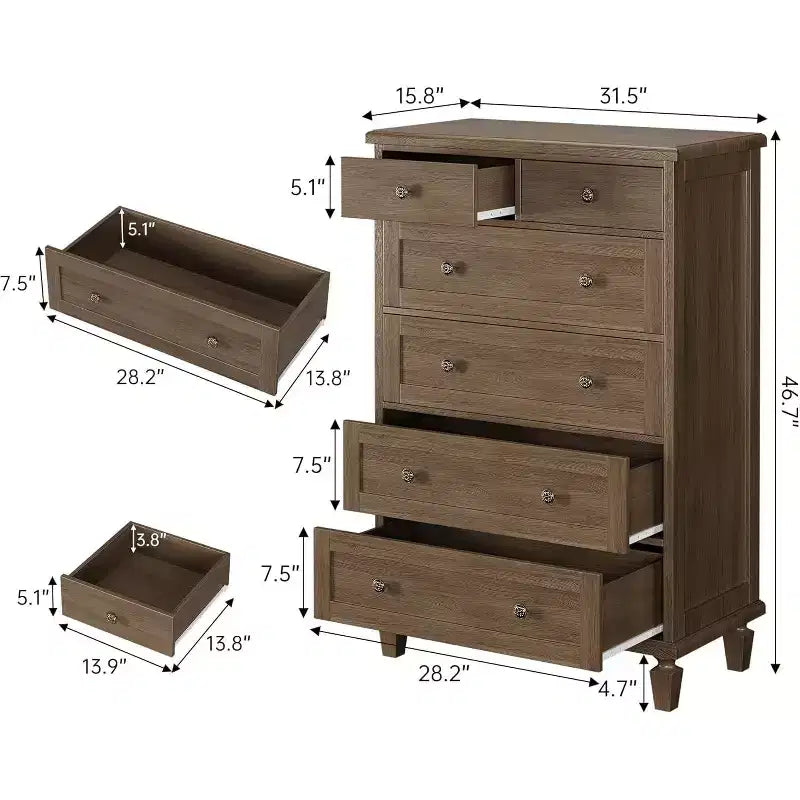 Vintage 6 Drawer Dresser with Tapered Legs, Wooden Tall Chest of Drawers - Ideal for Bedroom Living Room Entryway Office